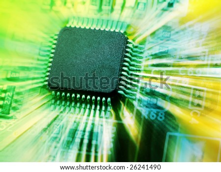 Abstract green color computer chip component  background