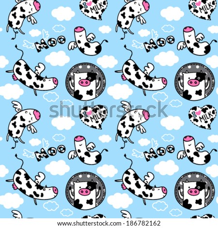 Funny flying cows seamless pattern. Cartoon cows in vector. Moo and milk. I love milk wallpaper pattern.
