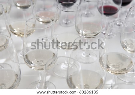 Winetasting glasses aligned for a taste of red and white wines