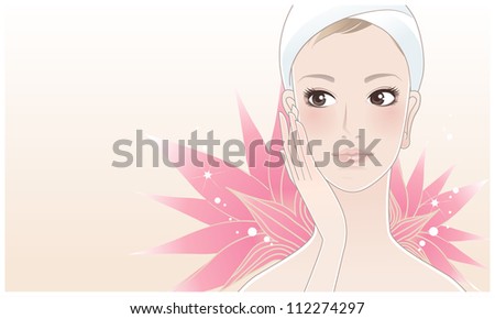 Beautiful girl, young woman touching her face on a lotus flower background. Skin care. Relaxation. Clipping mask is used.