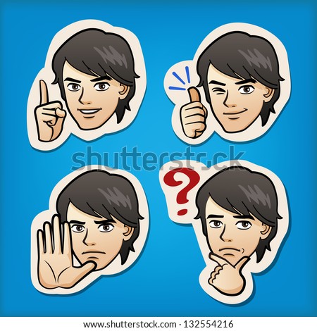 Cartoon Handsome man expressing different emotion with hand signs. Japanese manga style.