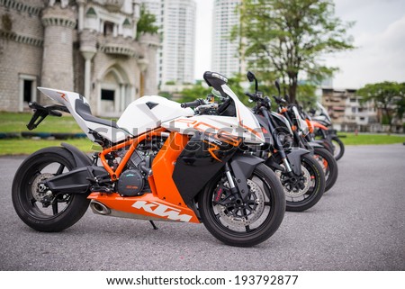 BANGKOK - MAY 18,2014 : Variety of KTM bikes on display in Duke me KTM Track and Test 2014 on May 18 at Motor Sport Land, Bangkok, Thailand