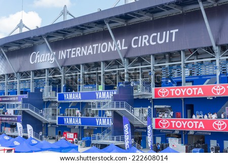 BURIRAM - OCTOBER 3 : Chang International Circuit logo behind grandstand in Buriram United Super GT Race ,October 3, 2014 Buriram, Thailand.