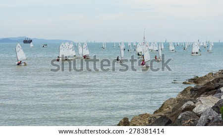 JOMTIEN, THAILAND - MAY 01 : all competitor boats set sail in Top of the Gulf Regatta event at Jomtien beach Pataya May 01, 2015
