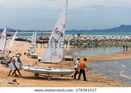 JOMTIEN, THAILAND - MAY 01 : Unidentified competitors set sail thier boats in Top of the Gulf Regatta event at Jomtien beach Pataya May 01, 2015