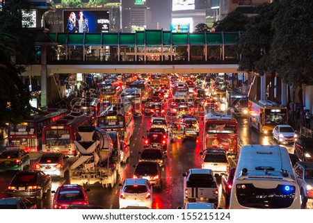 Bangkok, Thailand - SEP 10: Bad traffic on rainy night at Central World, Bangkok, Thailand on September 10, 2013.