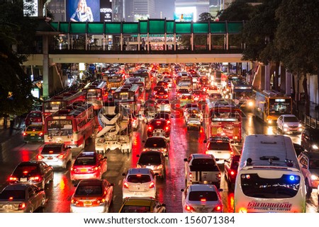 Bangkok, Thailand - Sep 10: Bad Traffic On Rainy Night At Central World, Bangkok, Thailand On September 10, 2013.