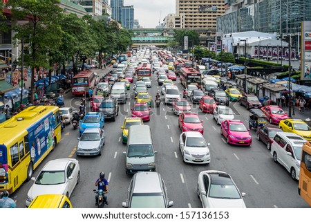 Bangkok, Thailand - Oct 03: Bad traffic day at Central World, Bangkok, Thailand on October 03, 2013.