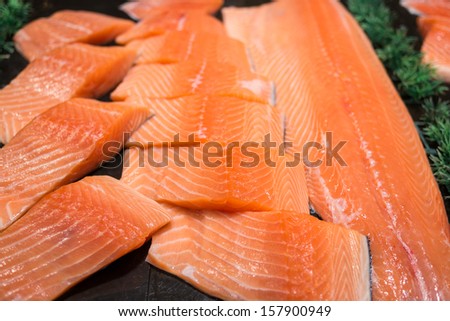 salmon fillet on food stall