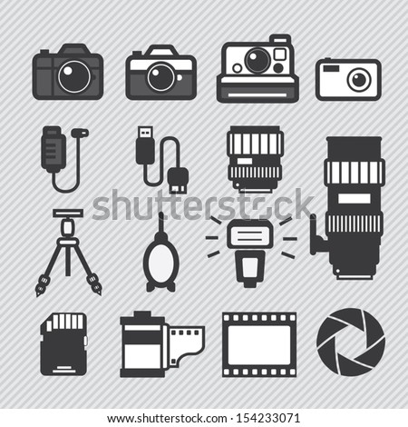 Photography camera lens and accessories set vector icons Photography camera lens and accessories set vector icons