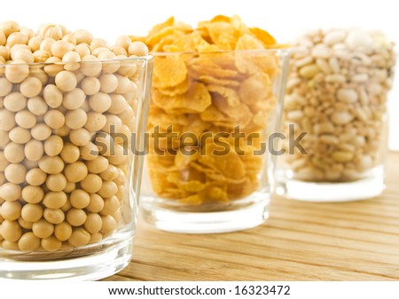 Soya beans, corflakes, and beans