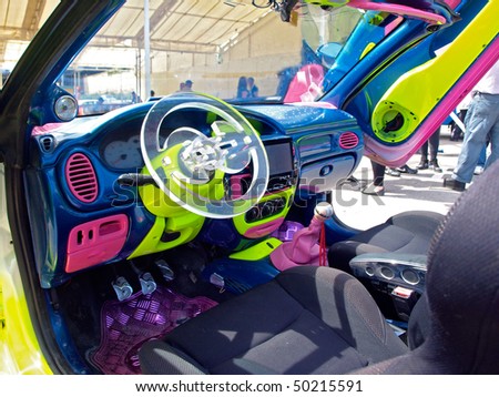 stock photo interior of a colorful tuned car