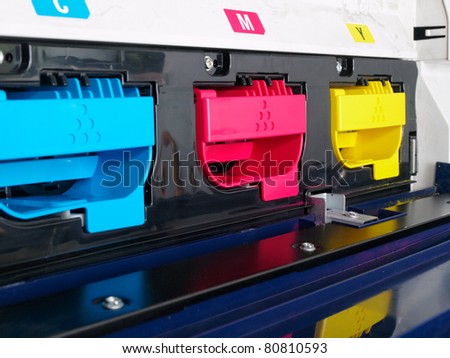 modern digital printing press, concept, closeup of the toner cartridges