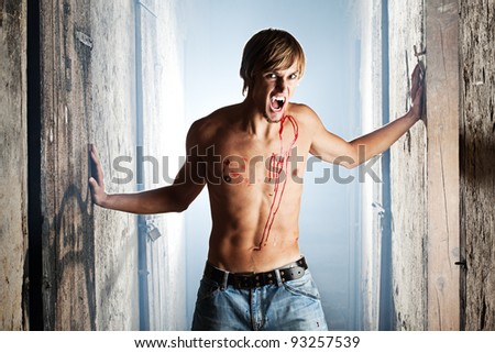 Bloody male vampire is standing in an old Viennese cellar, looking angry at the camera.
