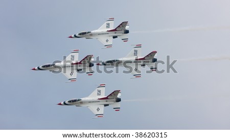 SUBANG, MALAYSIA - OCTOBER 3: The U.S. Air Force F-16 Thunderbirds fly in diamond formation at the Thunderbirds Airshow in Malaysian Air Force Base on October 3, 2009 in Subang, Malaysia.