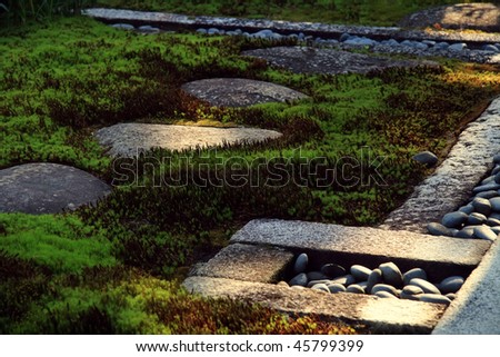 Close-up of japan(zen)-garden footway of stones and green moss