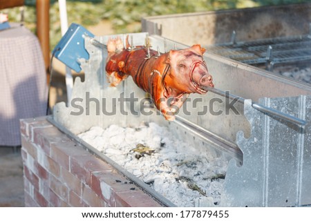 Whole glazed spit roast pig cooking on an outdoor BBQ on a garden patio for dinner for a festive occasion