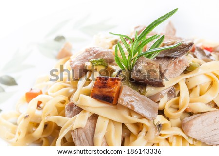 Tagliatelle pasta with pork loin and herbs for a traditional Italian meat pasta dish, close up view of the ribbon noodles and meat