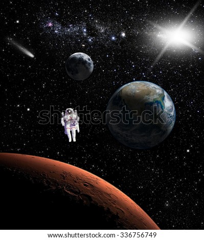 Astronaut in space landscape, view on the Earth, Moon and Mars. Elements of this image furnished by NASA
