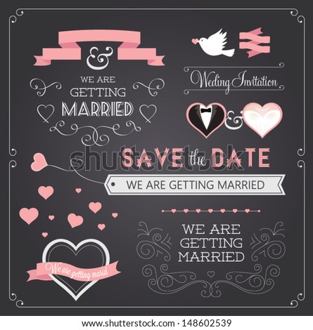Chalkboard style wedding design and decorative elements vintage banner ribbon labels frames badge stickers Vector love element Chalkboard style wedding design and decorative elements vintage banner ribbon labels frames badge stickers Vector love element