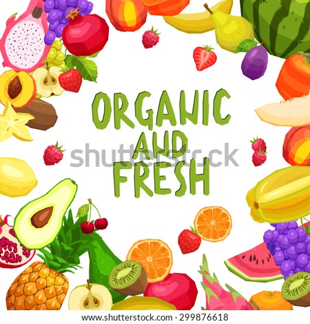 Flat Fruits Background With Text. Organic And Fresh Fruits. Healthy And Vegetarian Food Concept. Healthy Lifestyle