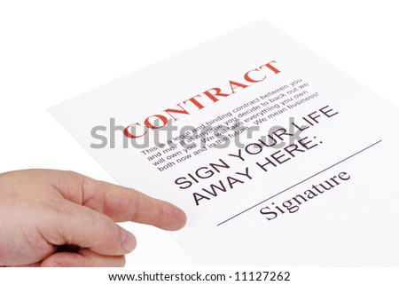 Contract signing your life away with male pointing at the signature line
