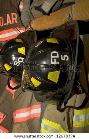 Firefighter turn out gear hanging in the station