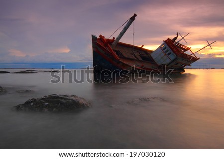 Beautiful landscape The boat capsized at sunset