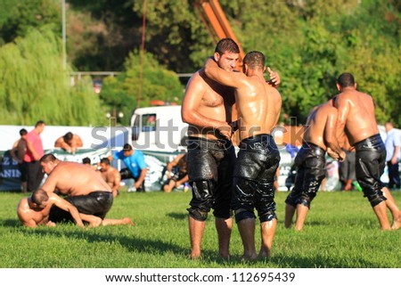 ISTANBUL - AUGUST 24: Unidentified wrestlers in the 8th Sile Annual Oil Wrestling Event on August 24, 2012 in Istanbul. Wrestlers greet each other at the end of fight