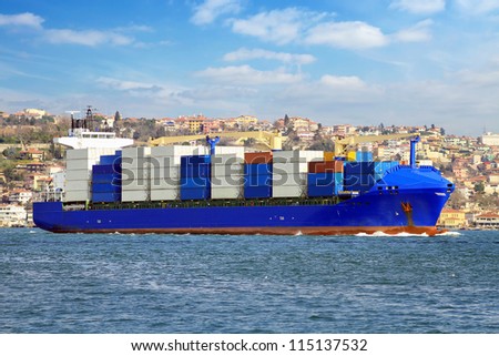 Cargo ship transporting export goods in containers to foreign countries