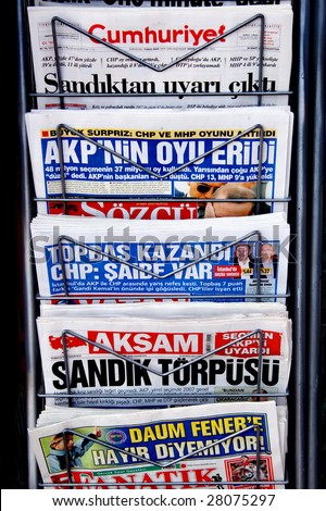 ANKARA - MARCH 30: Local newspaper headlines of Prime Minister Erdogan\'s party decreased its power after elections March 29, 2009 in Ankara. His party lost votes for the first time in his 7-year rule.