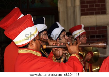 ISTANBUL - SEPTEMBER 02: Orient Express arrives at last stop at 14:30 pm on September 02, 2009 in Istanbul, Turkey. Janissary band of musicians performs live for the visitors.