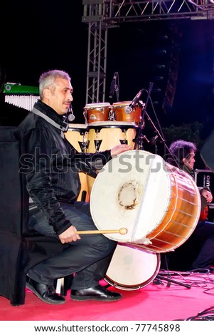 ISTANBUL - MAY 8 : An unidentified drummer plays during Leman Sam concert at Maltepe open air stage on May 8, 2011 in Istanbul, Turkey.