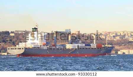 ISTANBUL - DECEMBER 10: Container Ship, MARIANNE SCHULTE (IMO: 9215907, HK) sails with full of cargo in Bosporus on December 10, 2011 in Istanbul. 50,000 ships pass through the Straits every year.