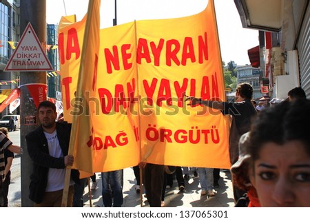 ISTANBUL - MAY 1: Many people can\'t take part in May Day march on May 1, 2013 in Istanbul. Police blocked all the ways to Taksim to prevent activists from joining their mates. May Day demonstration