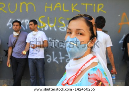 ISTANBUL - JUN 1: Plans to build on Gezipark led to anti government unrest on June 1, 2013 in Istanbul, Turkey. Tension suddenly amplified on fourth days of peaceful sit when police charged protestors
