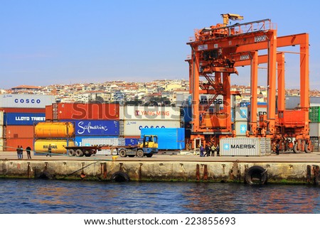 ISTANBUL - APR 12, 2012: Haydarpasa Container Port from the water side. This particular terminal is one of main trading port in Turkey.