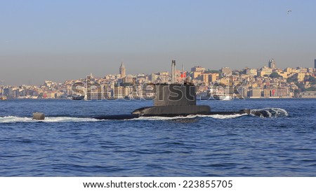 Turkish Navy Submarine sailing past Istanbul Harbor