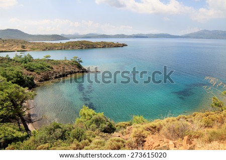 Marrmaris sea coast from top of a hill. Turquoise waters of Mediterranean Sea in Turkey Country