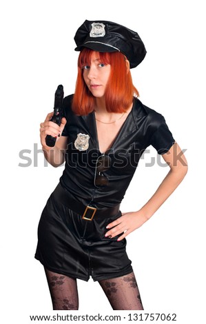 female police officer with a gun and a hand on the belt