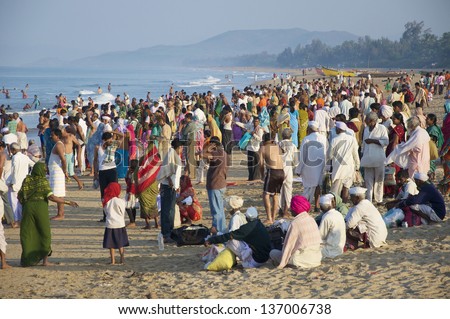 GOKARNA, INDIA - FEBRUARY 20. Unidentified people celebrating Maha Shivaratri, a major Hindu festival on Gokarna Beach, on February 20, 2012 in Gokarna, Karnataka state, India.