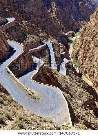 Dades Gorge, Morocco.  Snake like \'serpent road\'. Boulmane de Dades,