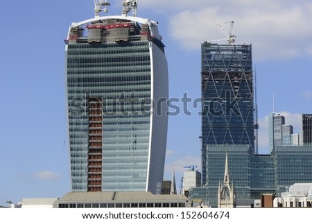 LONDON, UK - AUG 27: Leadenhall Building and 20 Fenchurch Street in construction on August 27, 2013, in London, UK. Richard Rogers / Rafael Vinoly designed buildings are due for completion mid 2014.