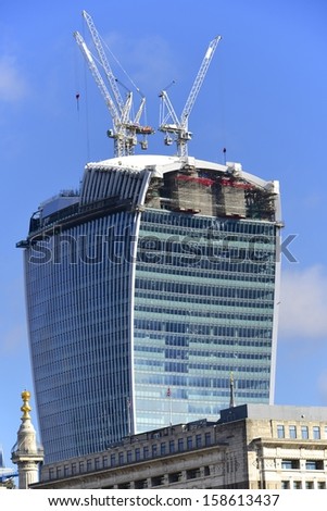 LONDON, UK - OCT 8: 20 Fenchurch Street in construction on October 8, 2013, in London, UK. Rafael Vinoly designed building (the Walkie-Talkie) completion due April 2014 with tenants Markel and Kiln.