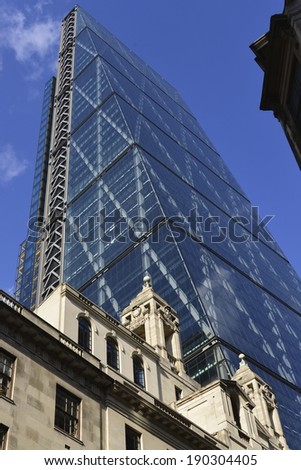 LONDON, UK - APRIL 14, 2014:  Leadenhall Building in construction & nearing completion.  Roger Stirk Harbour + Partners (Richard Rogers) designed building (the Cheesegrater) completion due mid 2014.
