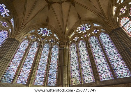 SALISBURY, UK - MAR 7: Stained glass windows of the Chapter House, Salisbury Cathedral on March 7, 2015, in Salisbury, UK. Current exhibition to mark the 800th anniversary of the Magna Carta.