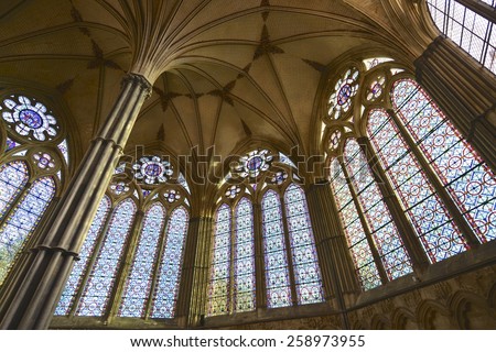 SALISBURY, UK - MAR 7: Stained glass windows of the Chapter House, Salisbury Cathedral on March 7, 2015, in Salisbury, UK. Current exhibition to mark the 800th anniversary of the Magna Carta.