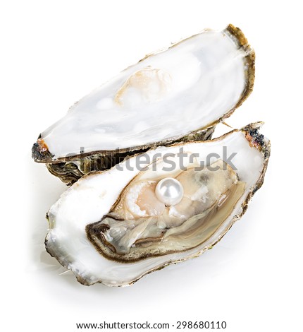 Oysters with pearls isolated on white background