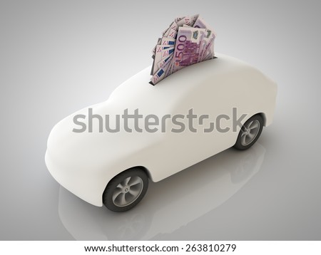 Bills in the car symbolize vehicle costs. Saving money for a car.