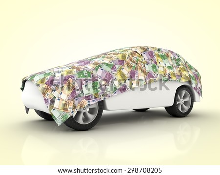 Car is covered with paper money.